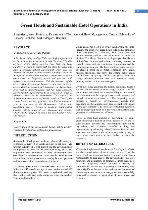 Pdf Green Hotels And Sustainable Hotel Operations In India Amandeep Ad Academia Edu<script async src=