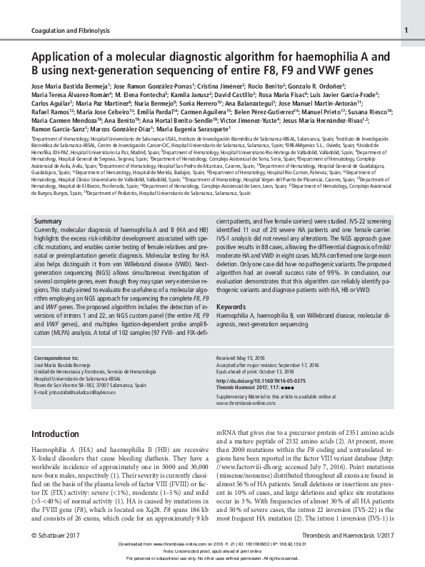 (PDF) Application of a molecular diagnostic algorithm for haemophilia A ...