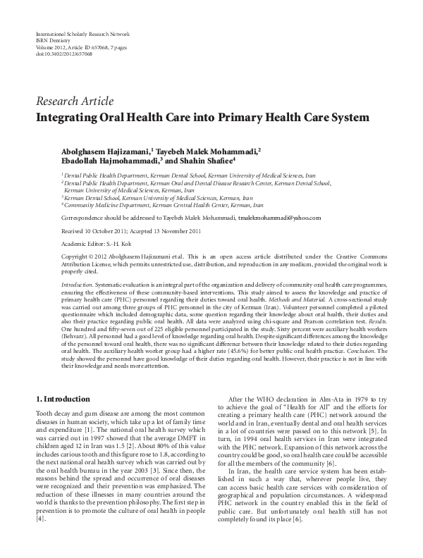 (PDF) Integrating Oral Health Care into Primary Health Care System