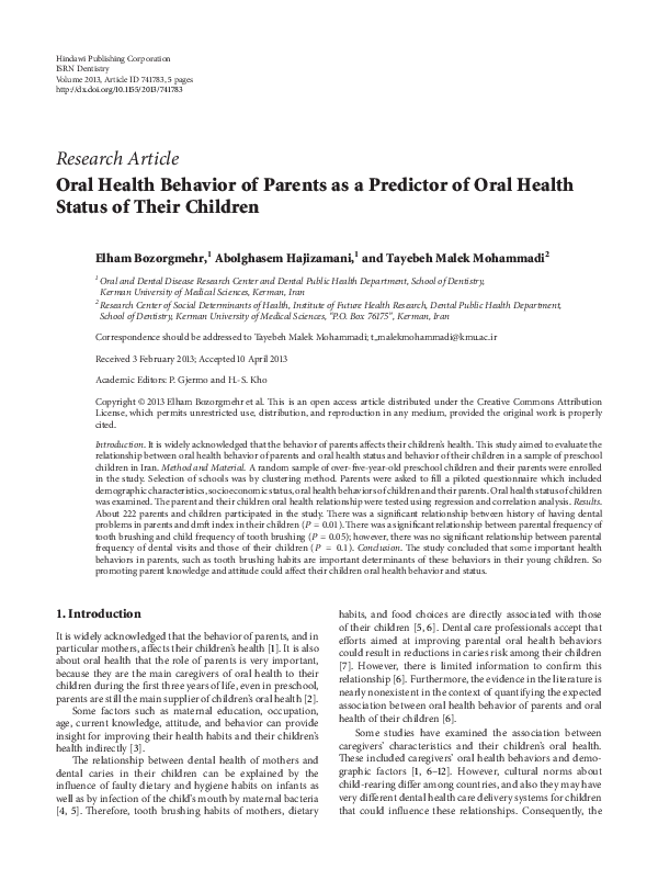 (PDF) Oral Health Behavior of Parents as a Predictor of Oral Health
