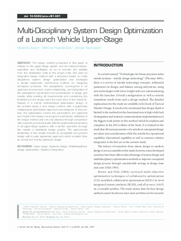 (PDF) Multi-Disciplinary System Design Optimization of a Launch Vehicle ...