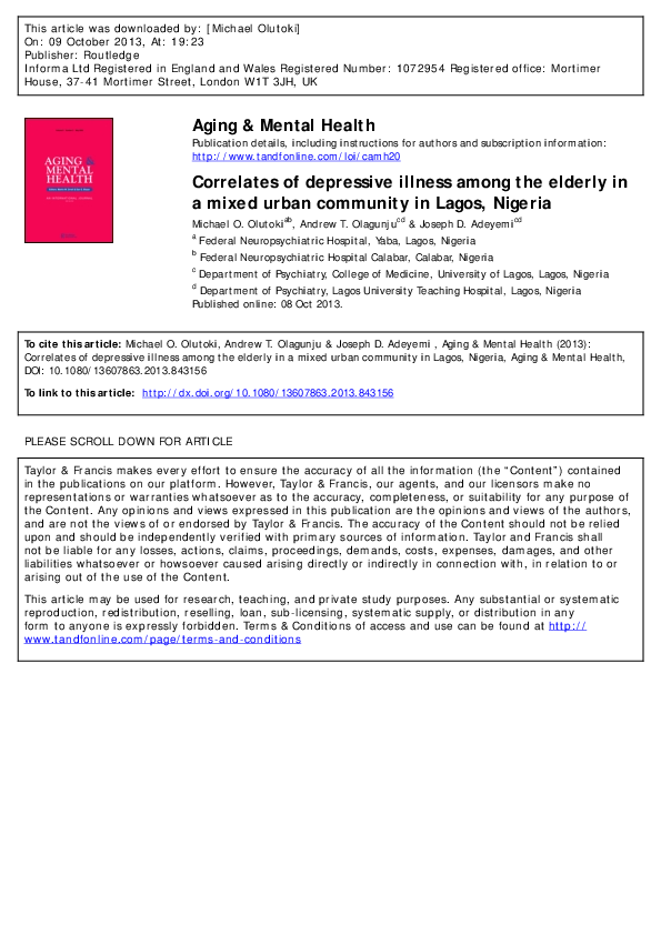 (PDF) Aging & Mental Health Correlates of depressive illness among the ...