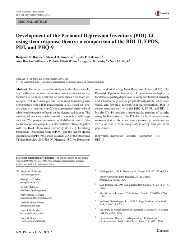 (PDF) Development of the Perinatal Depression Inventory (PDI)-14 using ...