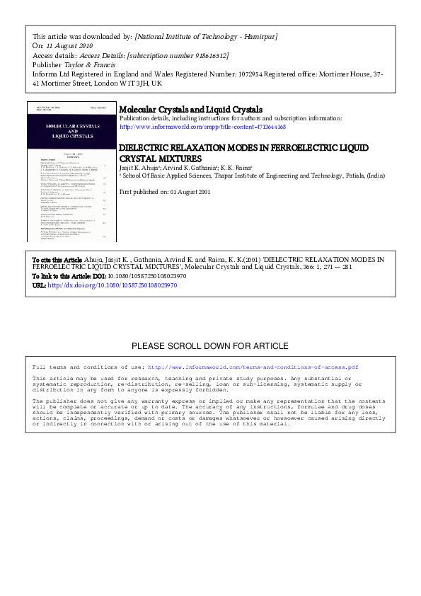 (PDF) Dielectric Relaxation Modes in Ferroelectric Liquid Crystal Mixtures