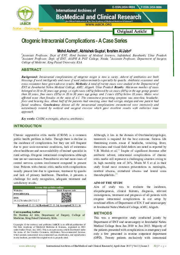 (PDF) Otogenic Intracranial Complications -A Case Series