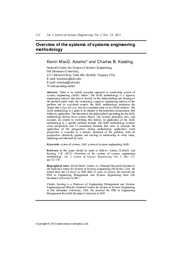 (PDF) Overview of the systems of systems engineering methodology