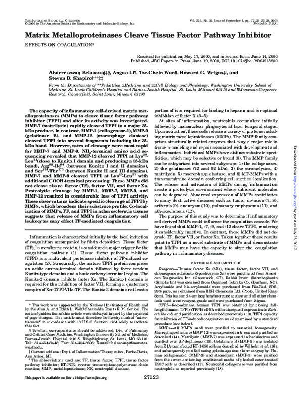 (PDF) Matrix Metalloproteinases Cleave Tissue Factor Pathway Inhibitor ...