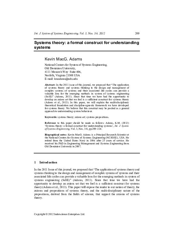 (PDF) Systems theory: a formal construct for understanding systems