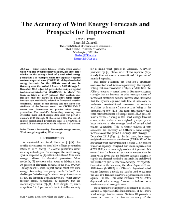(PDF) The Accuracy of Wind Energy Forecasts and Prospects for