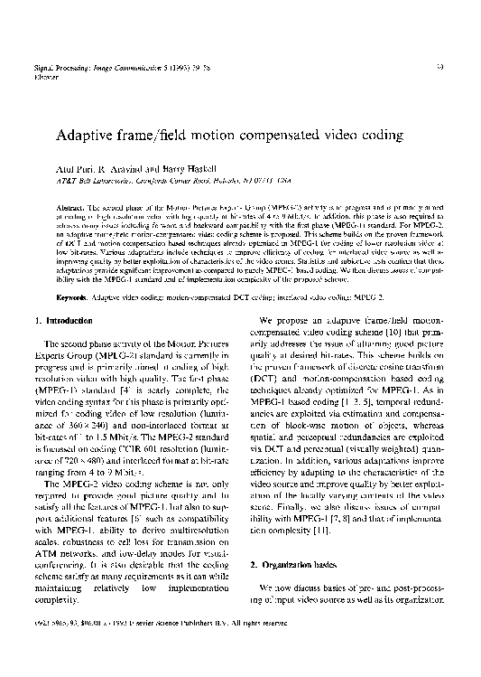 (PDF) Adaptive frame/field motion compensated video coding | Atul Puri ...