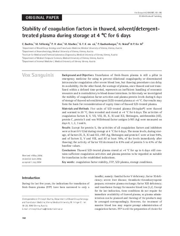 (PDF) Stability of coagulation factors in thawed, solvent/detergent
