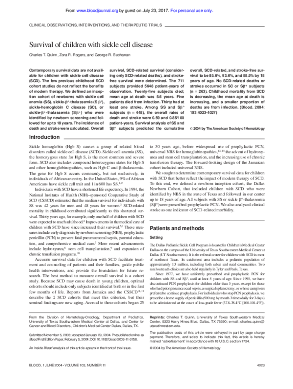 (PDF) Survival of children with sickle cell disease