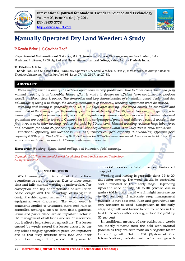(PDF) Manually Operated Dry Land Weeder A Study IJMTST