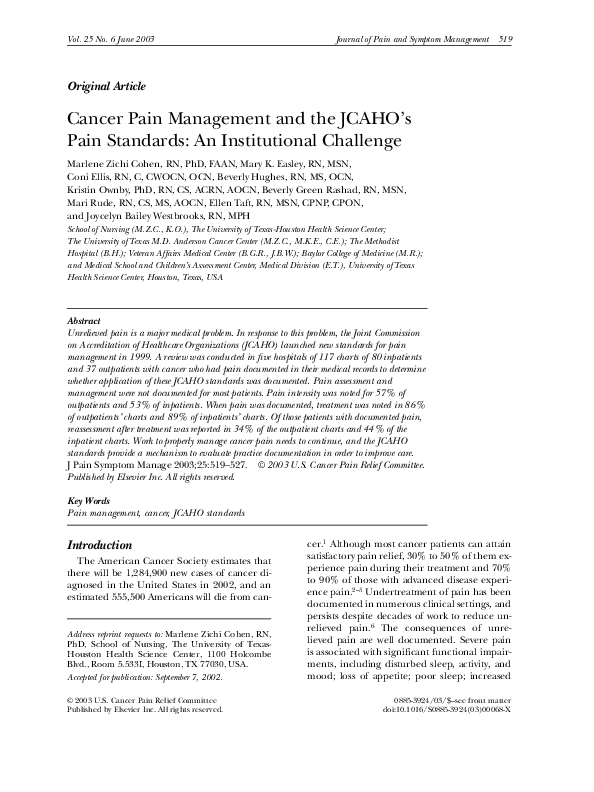 (PDF) Cancer Pain Management and the JCAHO's Pain Standards Marlene