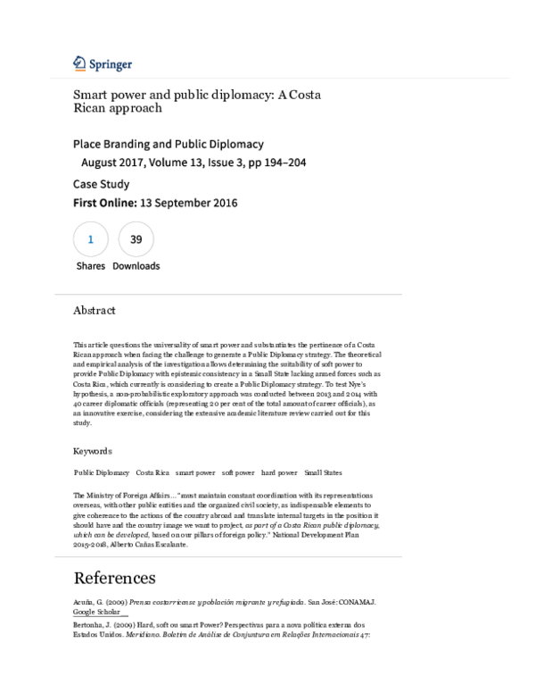 (PDF) Smart Power and Public Diplomacy: A Costa Rican approach