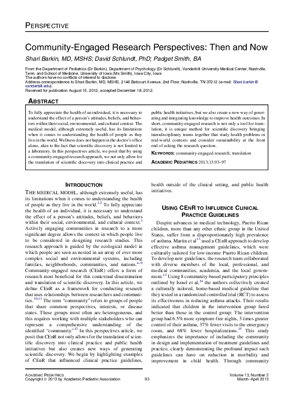 (PDF) Community-Engaged Research Perspectives: Then and Now