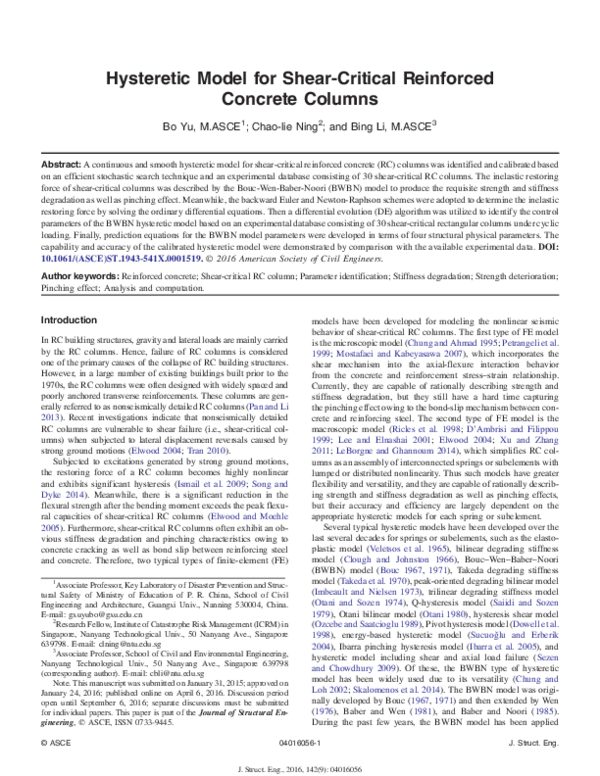 (PDF) Hysteretic Model for Shear-Critical Reinforced Concrete Columns