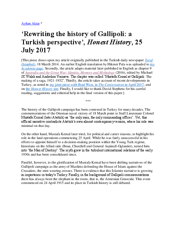 ‘Rewriting the history of Gallipoli: a Turkish perspective’, Honest History, 25 July 2017.