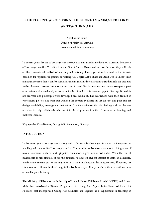 Pdf The Potential Of Using Folklore In Animated Form As Teaching Aid Noorhaslina Senin Academia Edu