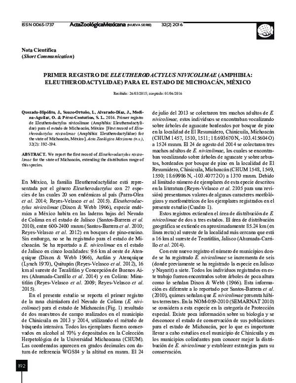 (PDF) PRIMER REGISTRO DE ELEUTHERODACTYLUS NIVICOLIMAE (AMPHIBIA