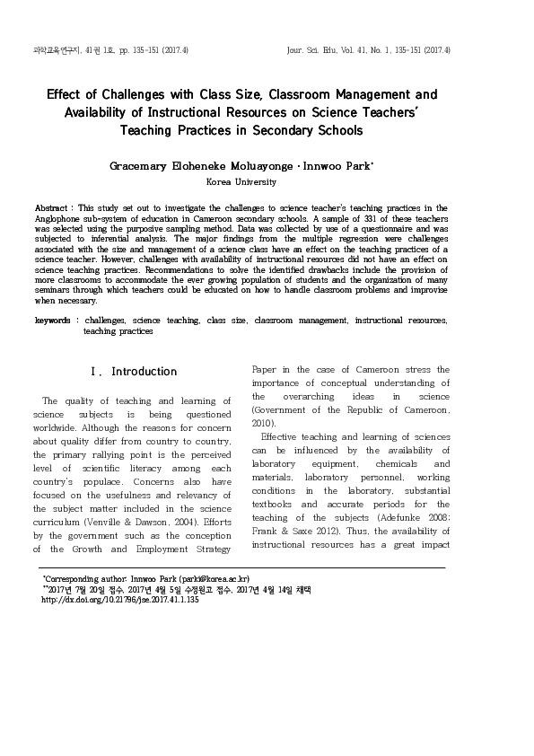 (PDF) Effect of Challenges with Class Size, Classroom Management and ...