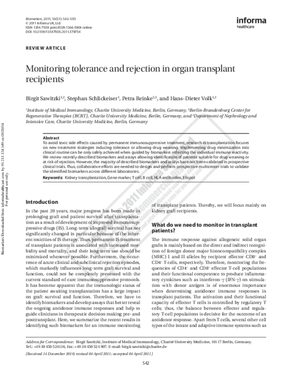 (PDF) Monitoring tolerance and rejection in organ transplant recipients ...