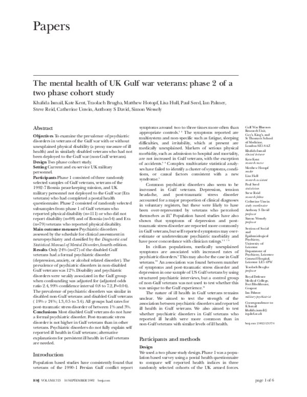 (PDF) The mental health of UK Gulf war veterans: phase 2 of a two phase ...