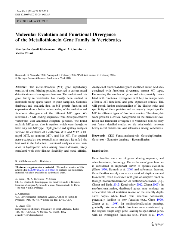 (PDF) Molecular Evolution and Functional Divergence of the ...