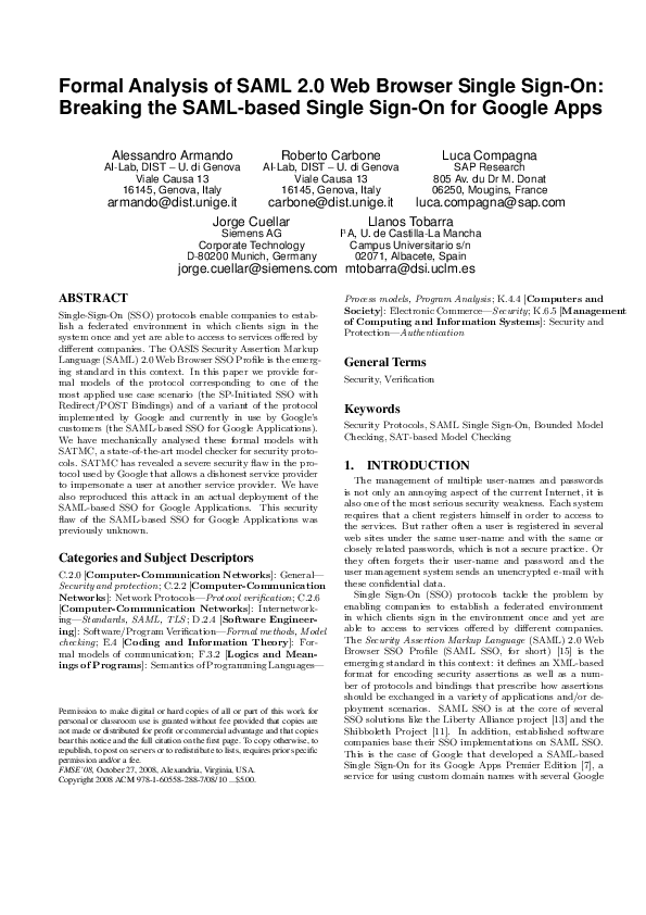 (PDF) Formal analysis of SAML 2.0 web browser single sign-on