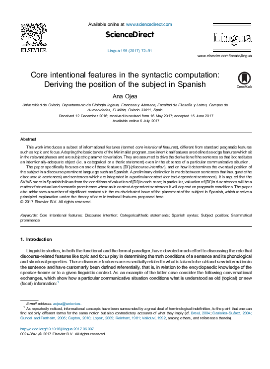 (PDF) CORE INTENTIONAL FEATURES IN THE SYNTACTIC COMPUTATION: DERIVING ...