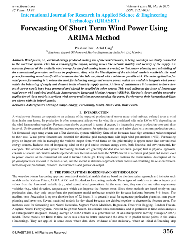 (PDF) Forecasting Of Short Term Wind Power Using ARIMA Method