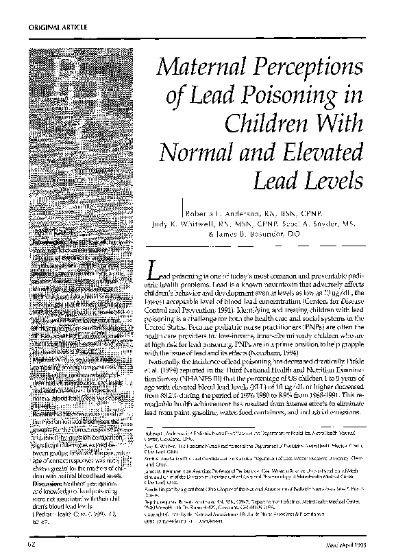 (PDF) Maternal perceptions of lead poisoning in children with normal and elevated lead levels