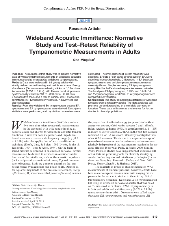 (PDF) Wideband Acoustic Immittance Normative Study and TestRetest Reliability of Tympanometric