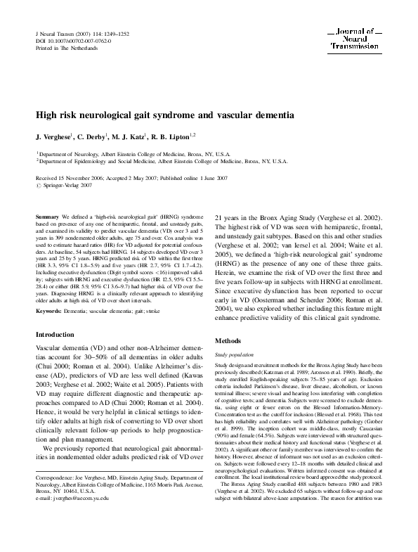 (PDF) High risk neurological gait syndrome and vascular dementia Joe