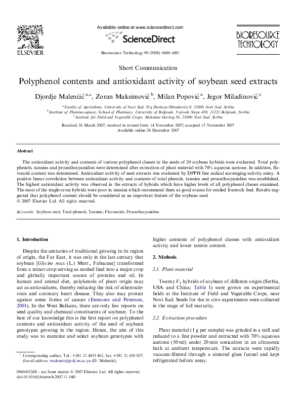 (PDF) Polyphenol contents and antioxidant activity of soybean seed extracts