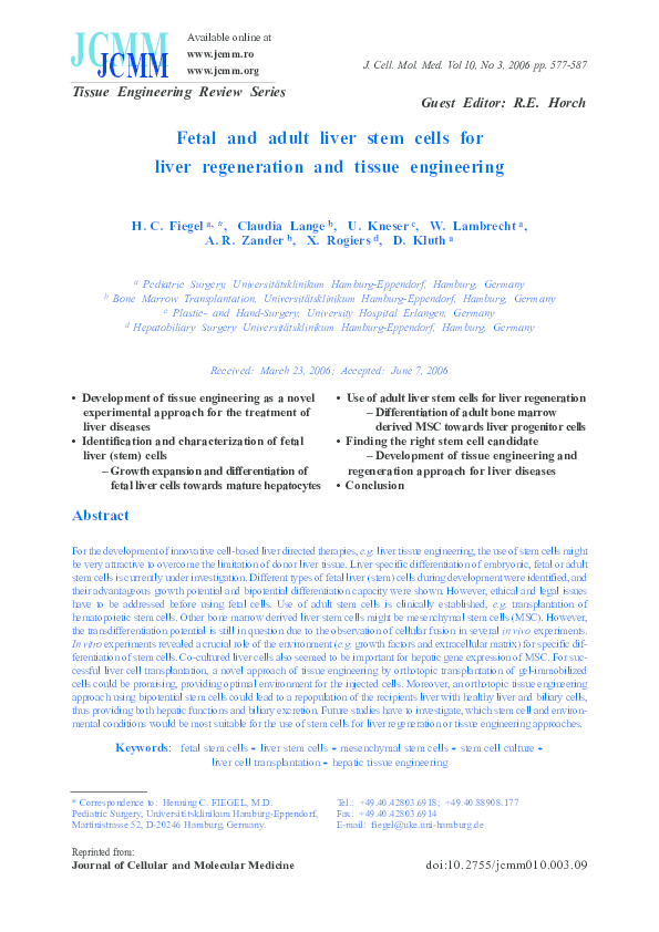 (PDF) Stem Cells for Liver Regeneration and Engineering