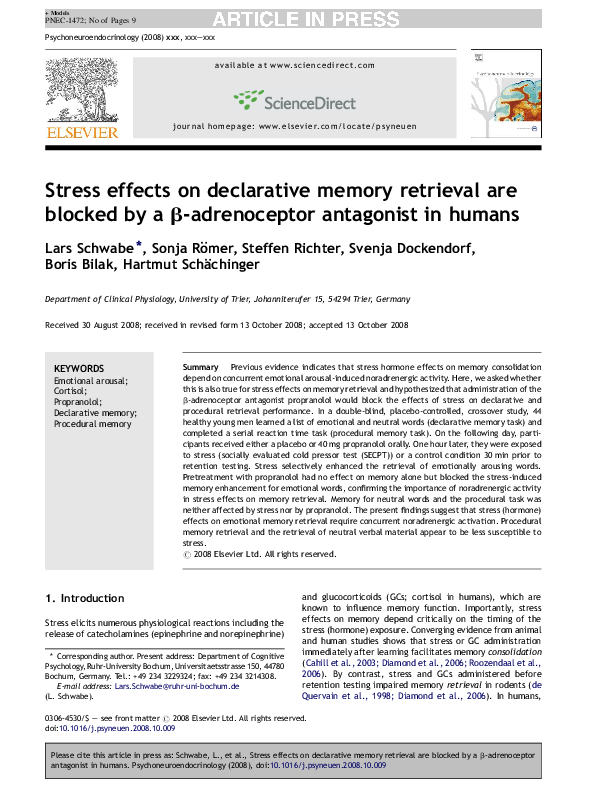 (PDF) Stress effects on declarative memory retrieval are blocked by a ...
