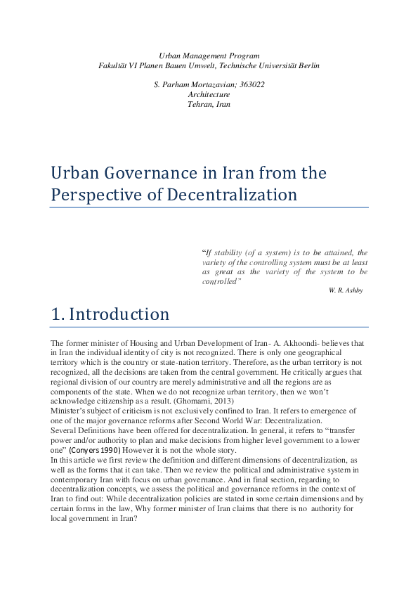 (PDF) Urban Governance in Iran from the Perspective of Decentralization