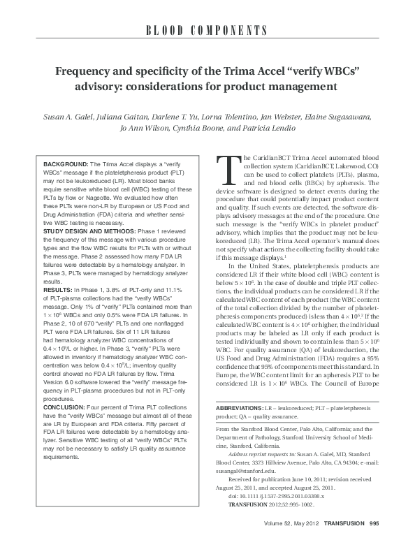 (PDF) Frequency and specificity of the Trima Accel “verify WBCs ...