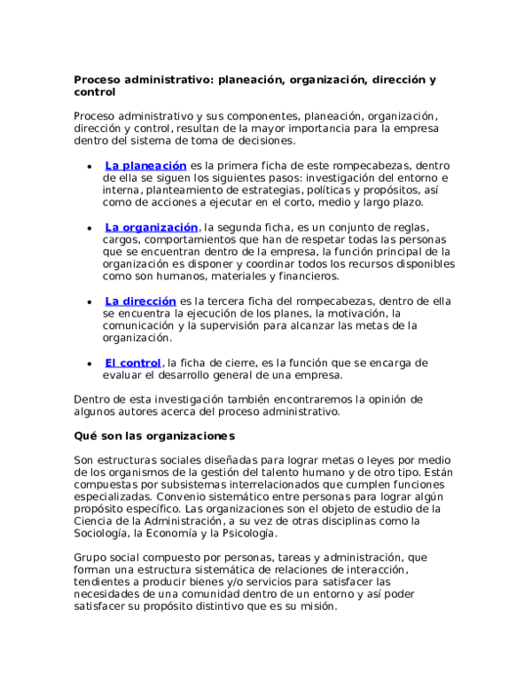 (DOC) Proceso administrativo: planeación, organización, dirección y control