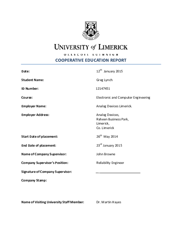 (PDF) COOP Placement Report Greg Lynch Academia.edu