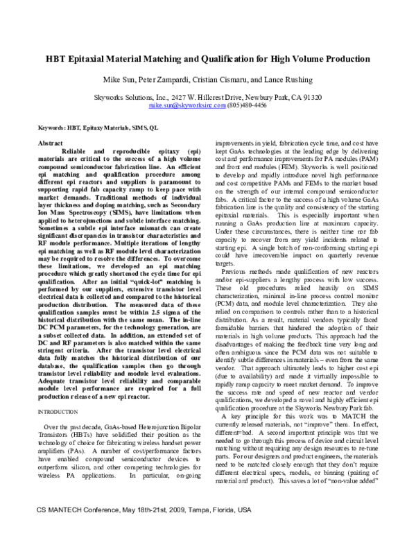(PDF) HBT Epitaxial Material Matching and Qualification for High Volume ...