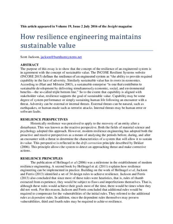(PDF) How Resilience Engineering Maintains Sustainable Value