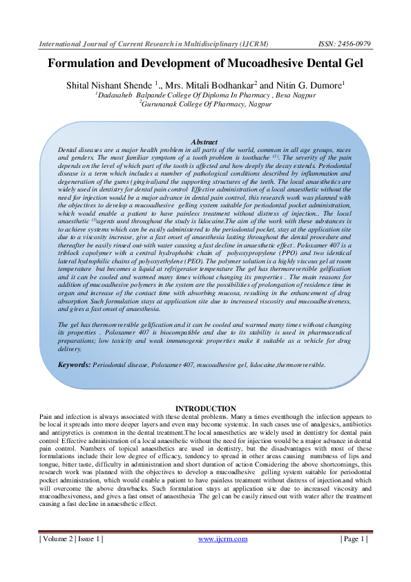 (PDF) Formulation and Development of Mucoadhesive Dental Gel