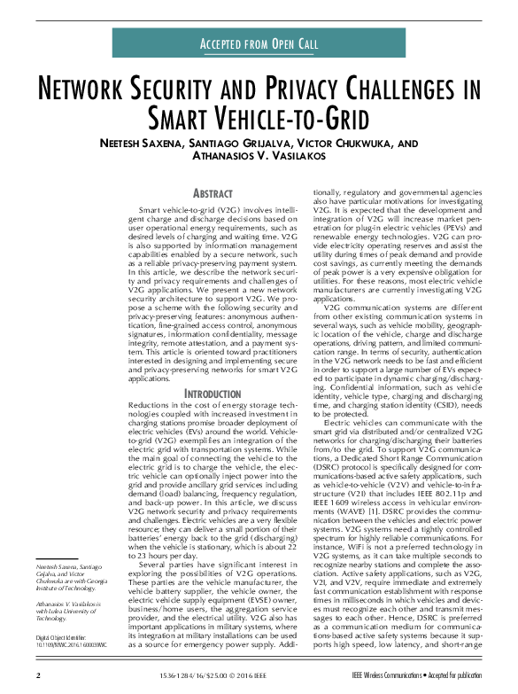 (PDF) NETWORK SECURITY AND PRIVACY CHALLENGES IN SMART VEHICLE- TO-GRID