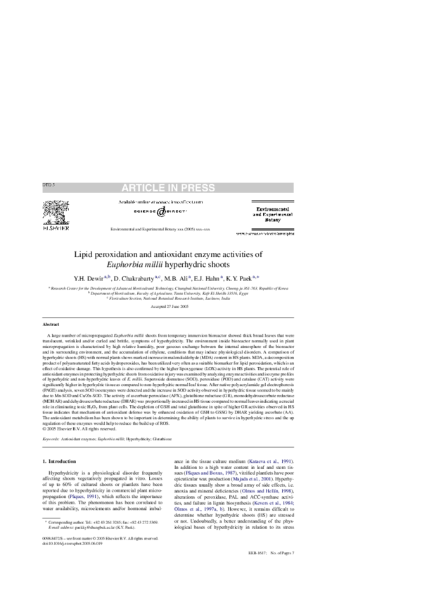 (PDF) Lipid peroxidation and antioxidant enzyme activities of