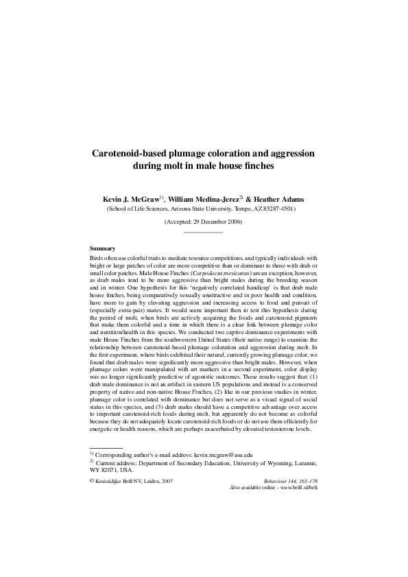 (PDF) Carotenoidbased plumage coloration and aggression during molt in