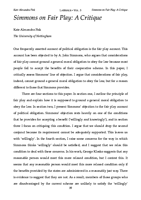 (PDF) Simmons on Fair Play: A Critique