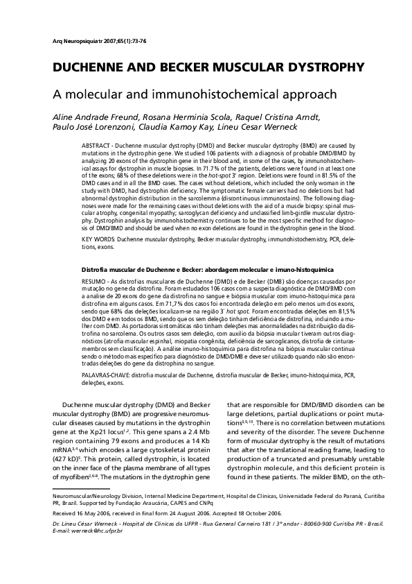 (PDF) Duchenne and Becker muscular dystrophy a molecular and immunohistochemical approach