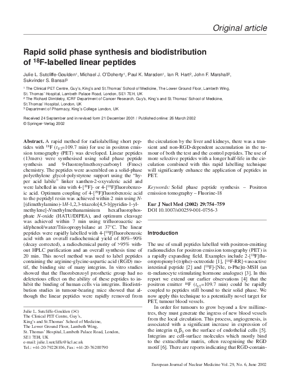 (PDF) Rapid solid phase synthesis and biodistribution of 18 F-labelled ...